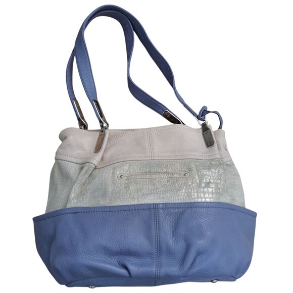 B. Makowsky  Women's Color Block Blue Ivory Leather Purse Shoulder Bag - Picture 1 of 9